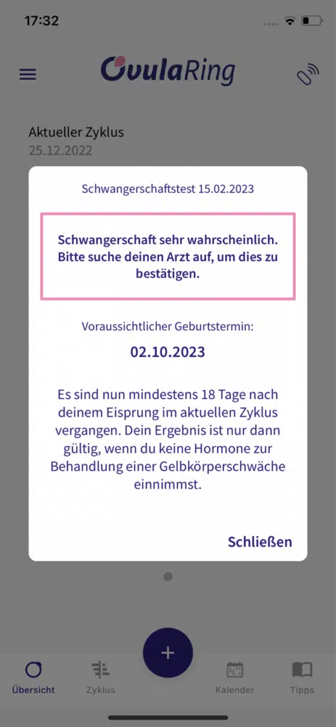 OvulaRing App - Screen - Schwangerschaftstest