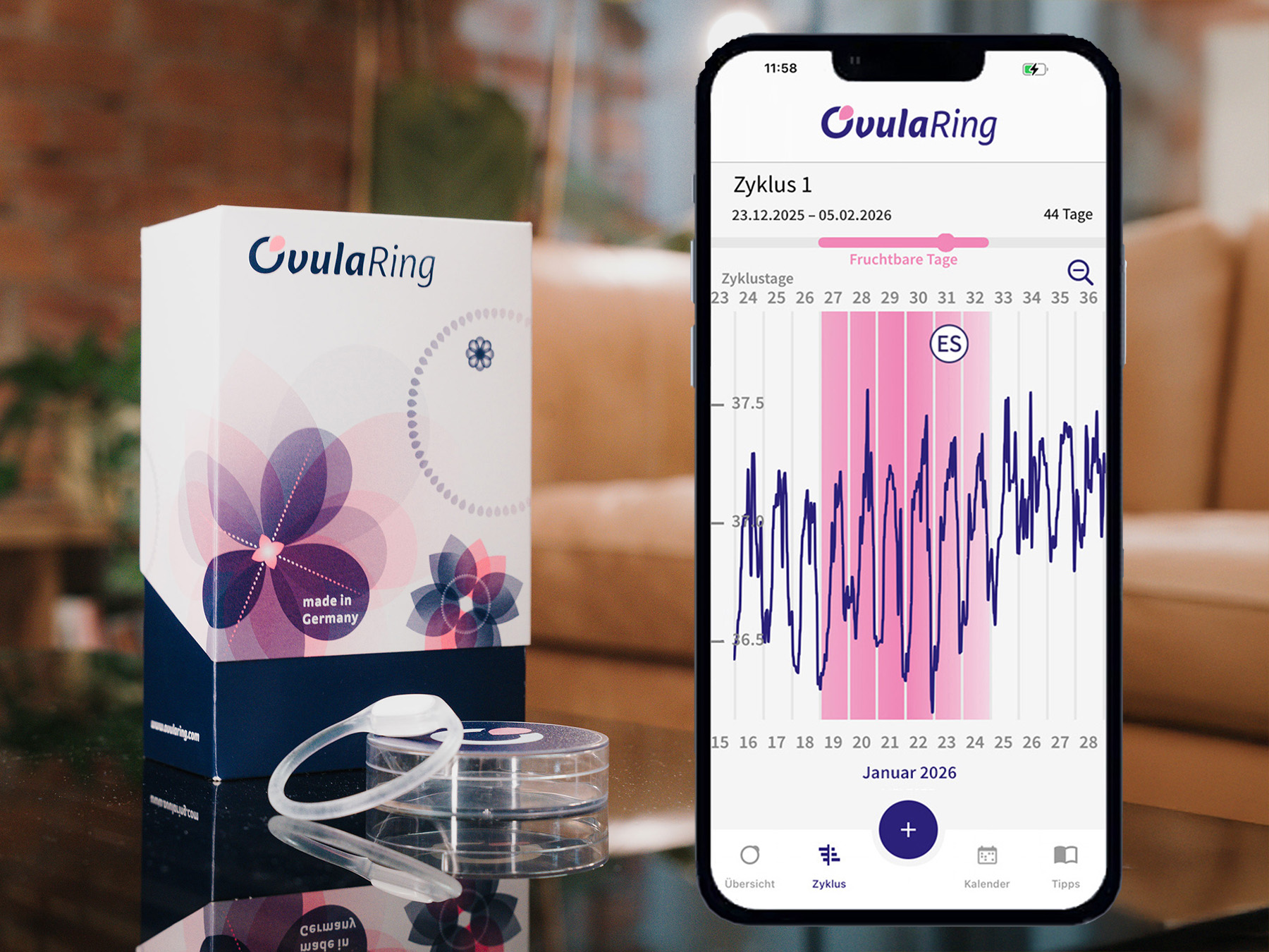 OvulaRing Produkt – App mit Biosensor und Ring